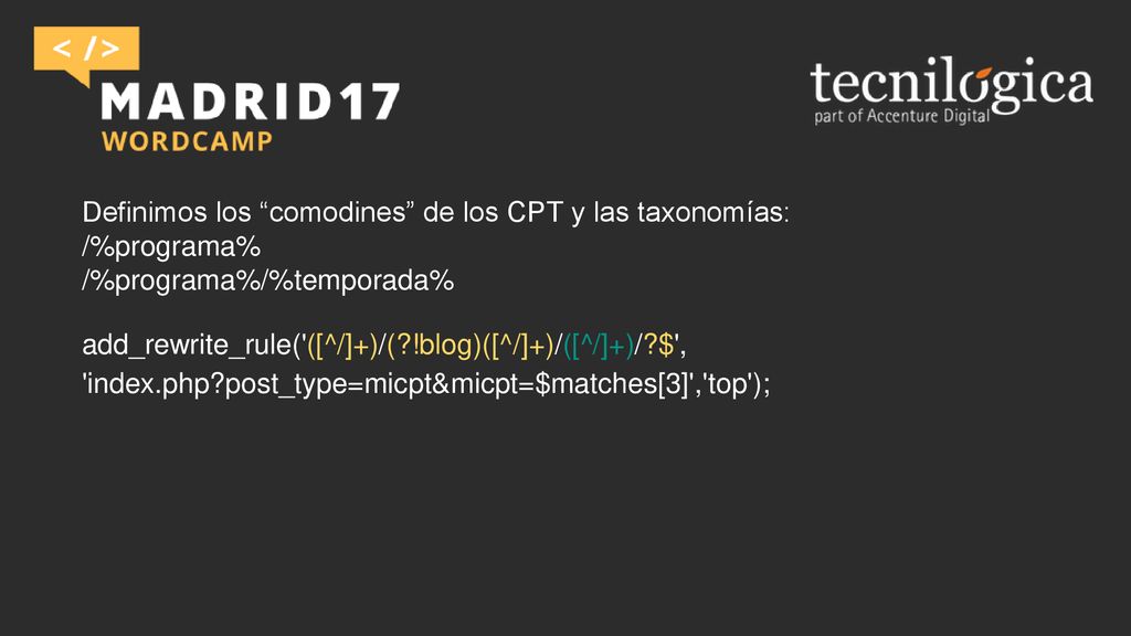 Definimos los comodines de los CPT y las taxonomías: /%programa%