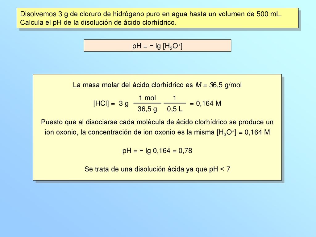 La masa molar del ácido clorhídrico es M = 36,5 g/mol