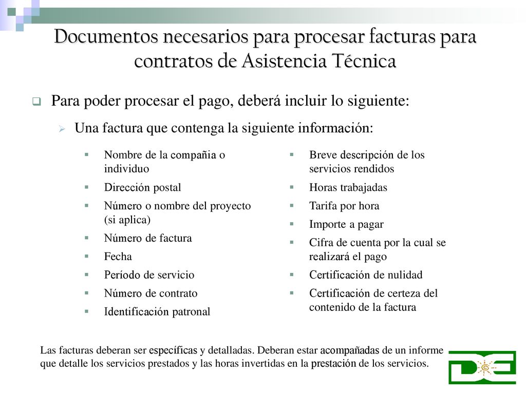 Documentos necesarios para procesar facturas para contratos de Asistencia Técnica