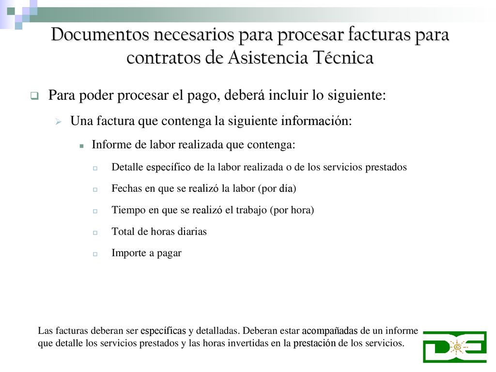 Documentos necesarios para procesar facturas para contratos de Asistencia Técnica