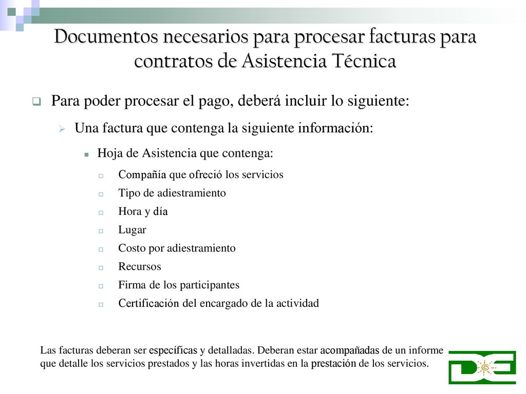 Documentos necesarios para procesar facturas para contratos de Asistencia Técnica