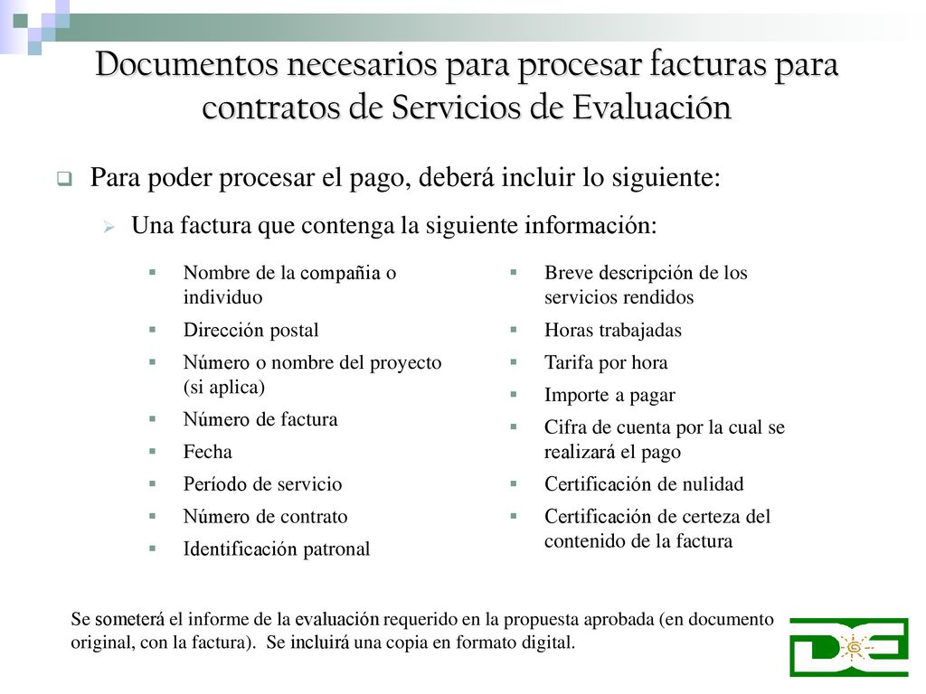 Documentos necesarios para procesar facturas para contratos de Servicios de Evaluación