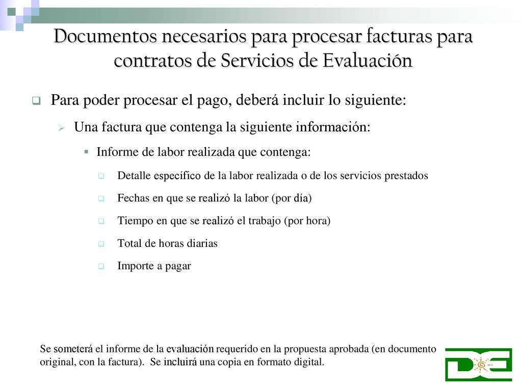 Documentos necesarios para procesar facturas para contratos de Servicios de Evaluación