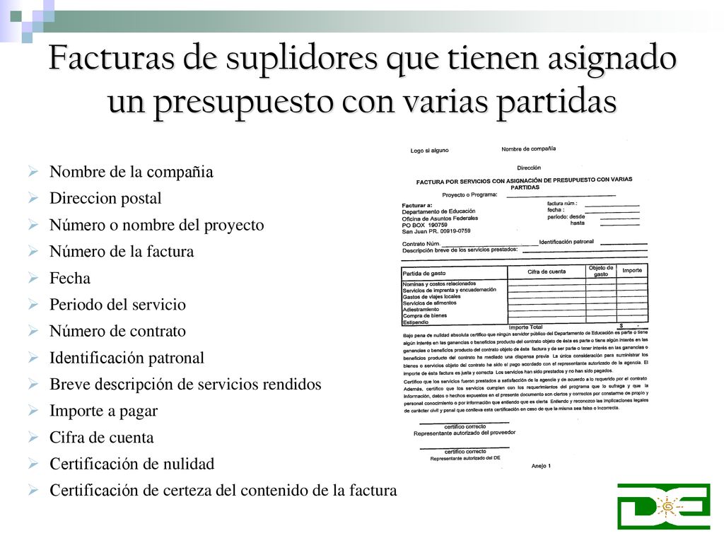 Facturas de suplidores que tienen asignado un presupuesto con varias partidas