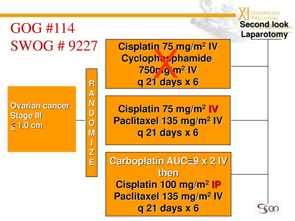 X GOG #114 SWOG # 9227 Cisplatin 75 mg/m2 IV Cyclophosphamide