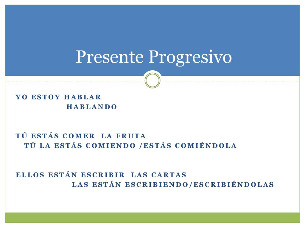 Presente Progresivo YO ESTOY Hablar hablando Tú estás comer la fruta