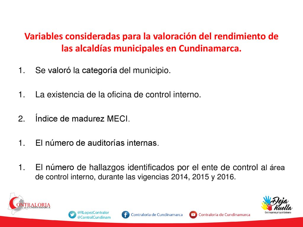 Variables consideradas para la valoración del rendimiento de las alcaldías municipales en Cundinamarca.