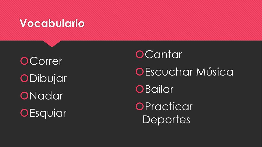 Vocabulario Correr Dibujar Nadar Esquiar Cantar Escuchar Música Bailar Practicar Deportes