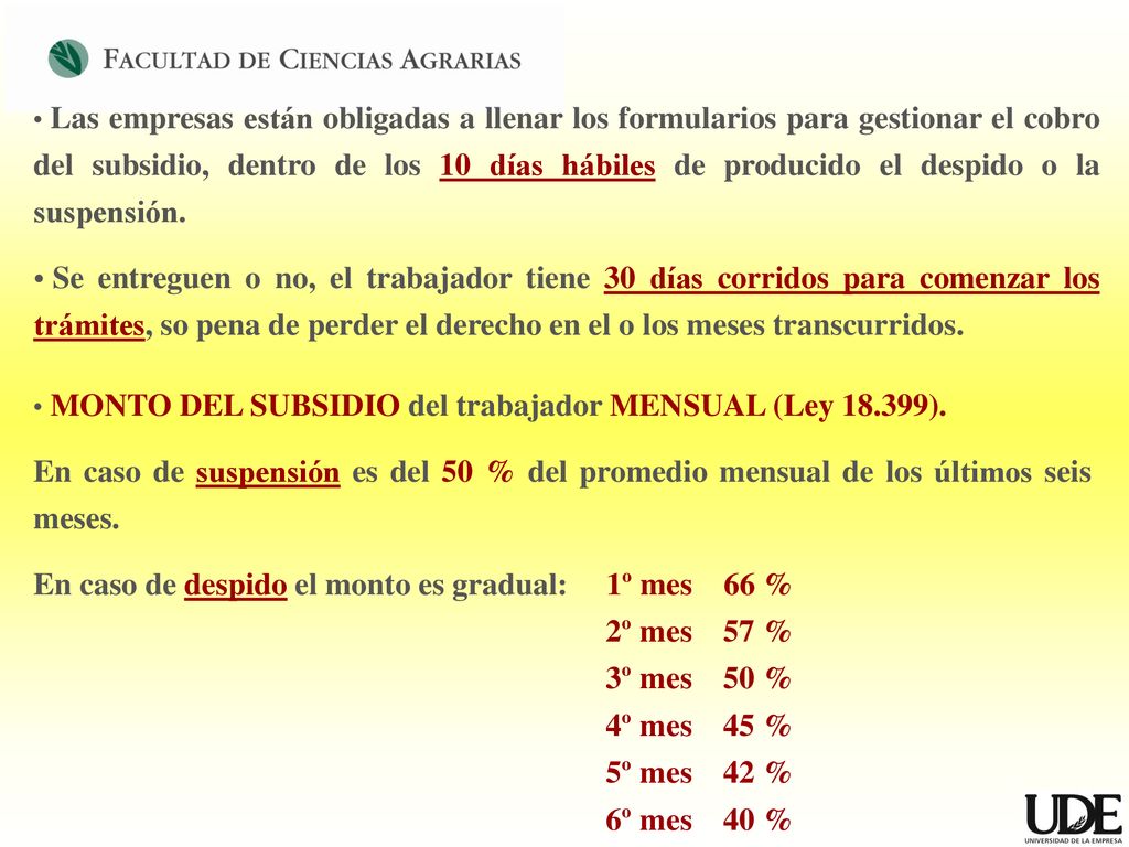 En caso de despido el monto es gradual: 1º mes 66 % 2º mes 57 %