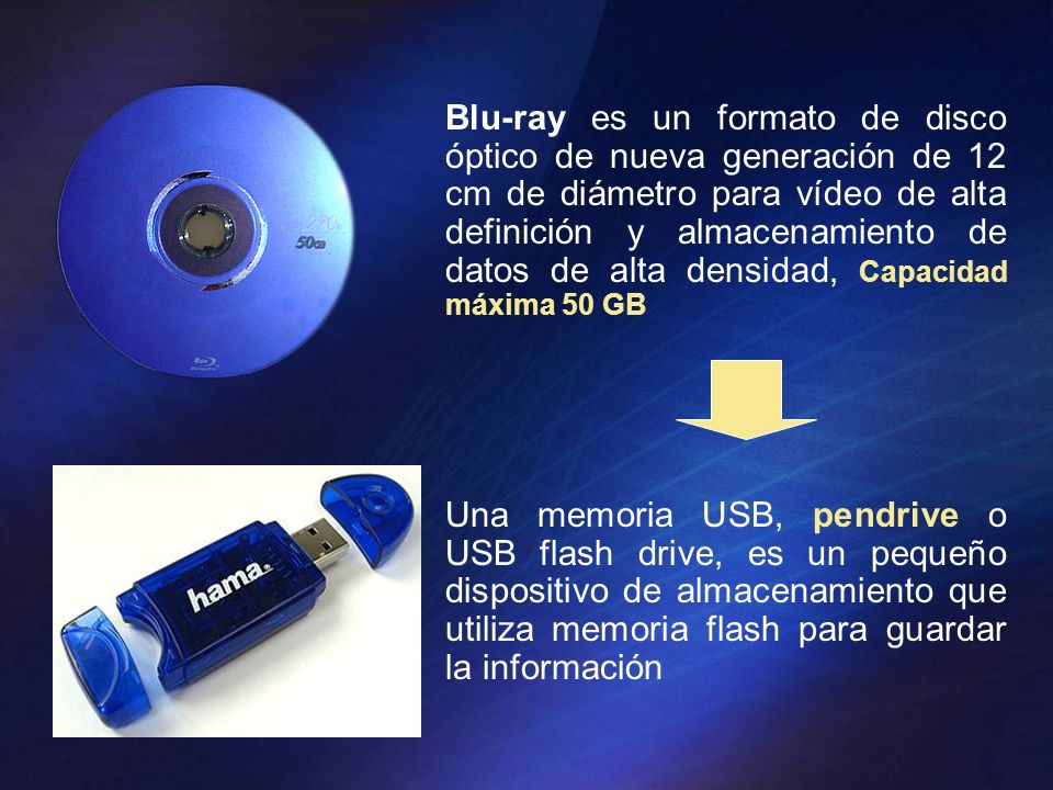 Blu-ray es un formato de disco óptico de nueva generación de 12 cm de diámetro para vídeo de alta definición y almacenamiento de datos de alta densidad, Capacidad máxima 50 GB