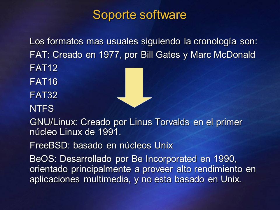 Soporte software Los formatos mas usuales siguiendo la cronología son: