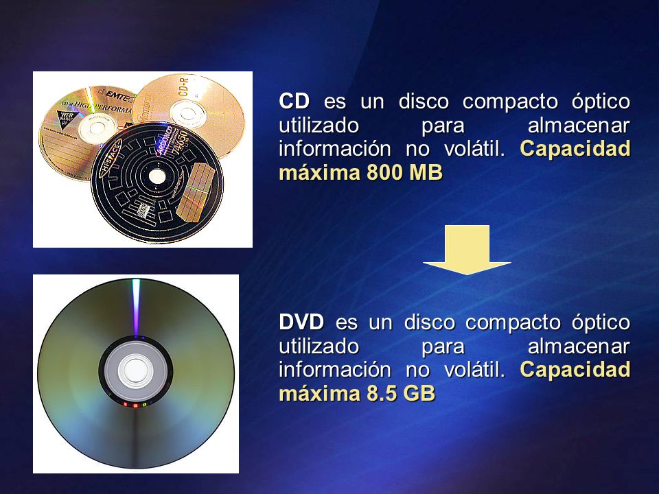 CD es un disco compacto óptico utilizado para almacenar información no volátil. Capacidad máxima 800 MB