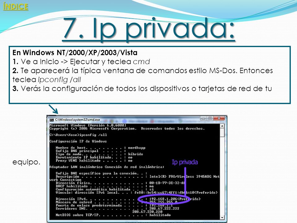 7. Ip privada: ÍNDICE En Windows NT/2000/XP/2003/Vista