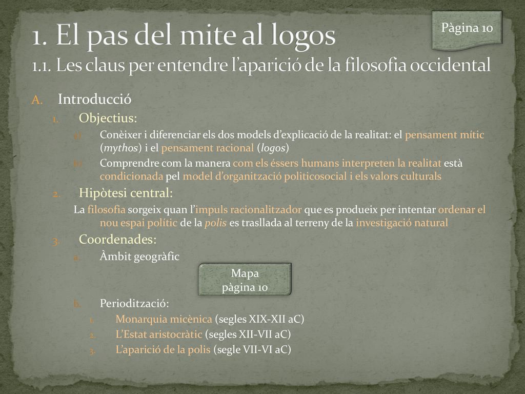 1. El pas del mite al logos 1.1. Les claus per entendre l’aparició de la filosofia occidental