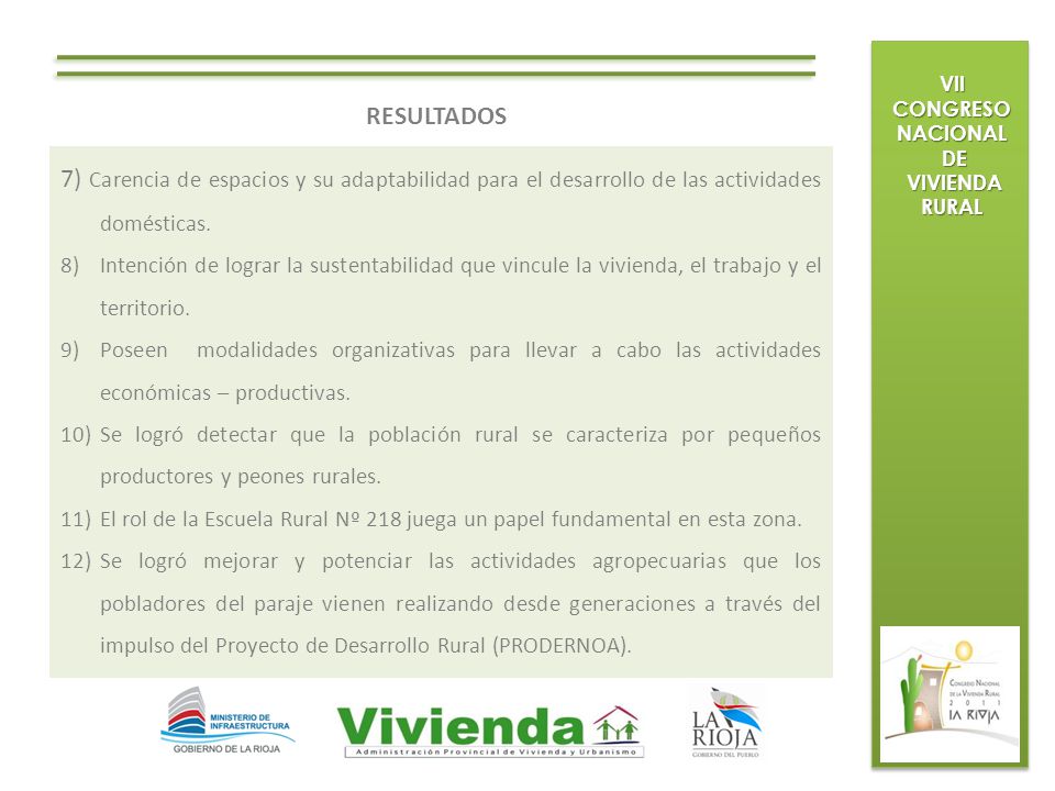 VII CONGRESO NACIONAL DE. VIVIENDA RURAL. RESULTADOS. 7) Carencia de espacios y su adaptabilidad para el desarrollo de las actividades domésticas.