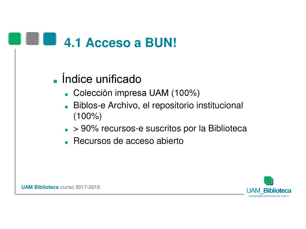4.1 Acceso a BUN! Índice unificado Colección impresa UAM (100%)