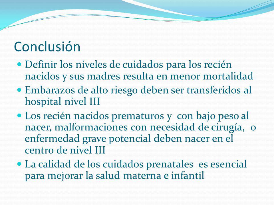 Conclusión Definir los niveles de cuidados para los recién nacidos y sus madres resulta en menor mortalidad.