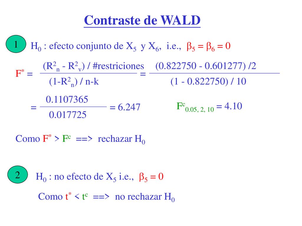 Contraste de WALD 1 H0 : efecto conjunto de X5 y X6, i.e., 5 = 6 = 0