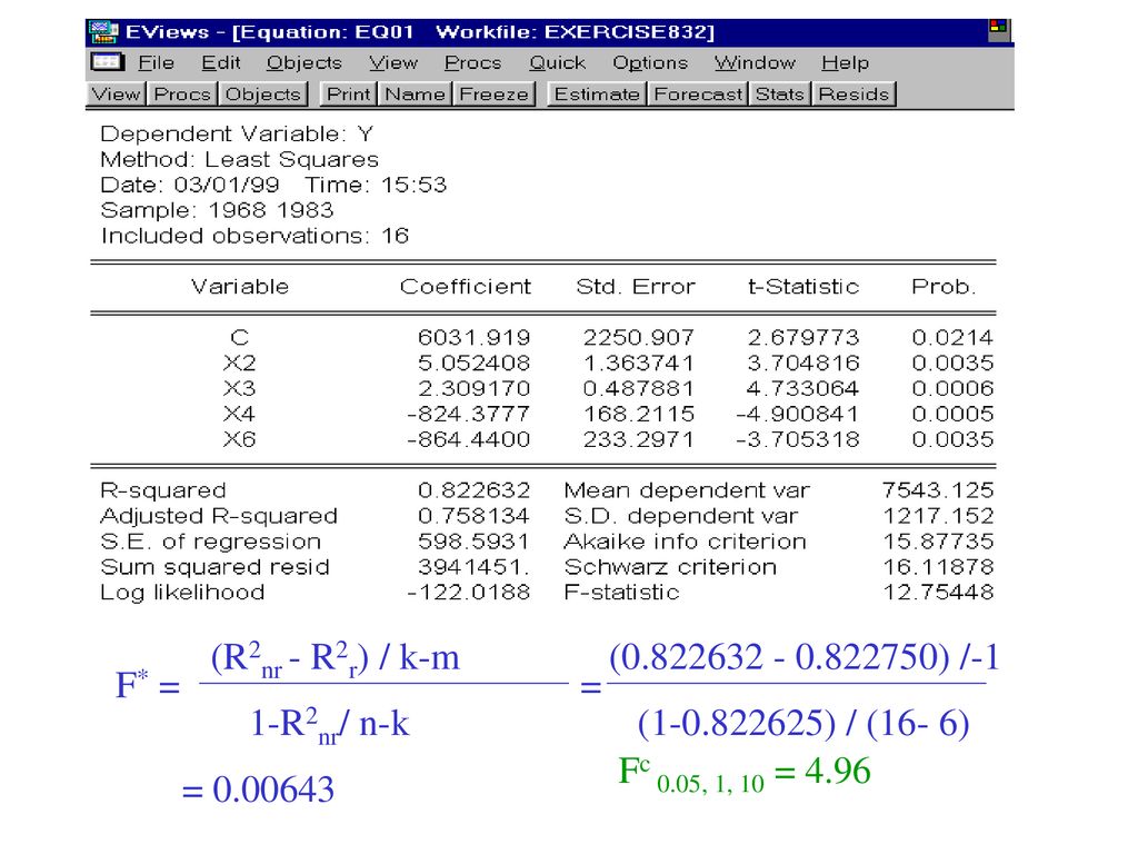 (R2nr - R2r) / k-m ( ) /-1. F* = = 1-R2nr/ n-k. ( ) / (16- 6) Fc 0.05, 1, 10 =