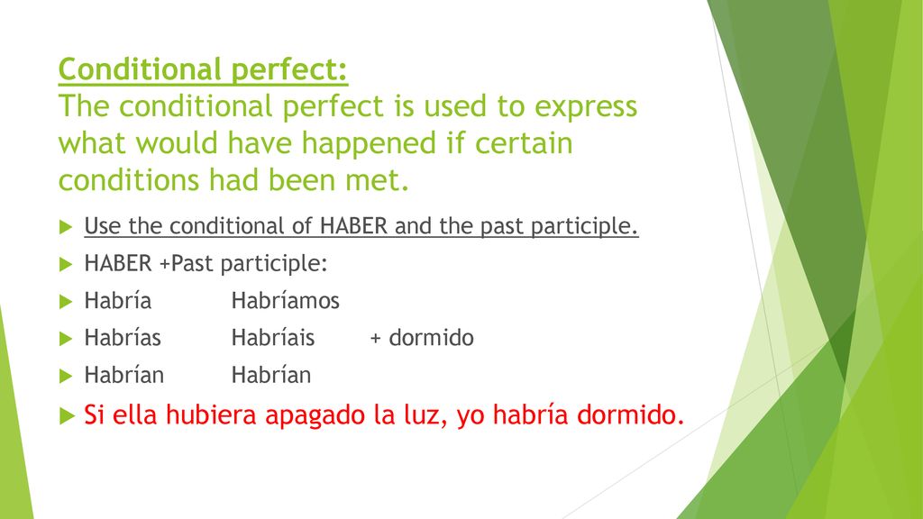 Conditional perfect: The conditional perfect is used to express what would have happened if certain conditions had been met.