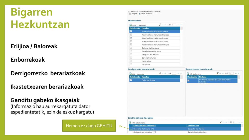 Bigarren Hezkuntzan Erlijioa / Baloreak Enborrekoak Derrigorrezko berariazkoak Ikastetxearen berariazkoak Ganditu gabeko ikasgaiak (Informazio hau aurrekargatuta dator espedientetatik, ezin da eskuz kargatu)