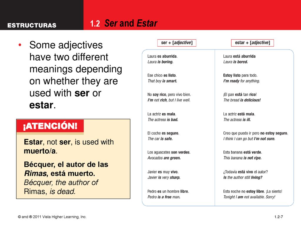 09/28/09 Some adjectives have two different meanings depending on whether they are used with ser or estar.
