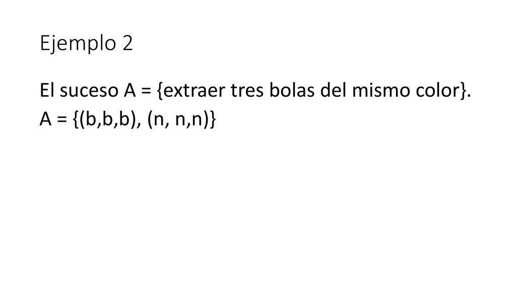 Ejemplo 2 El suceso A = {extraer tres bolas del mismo color}. A = {(b,b,b), (n, n,n)}