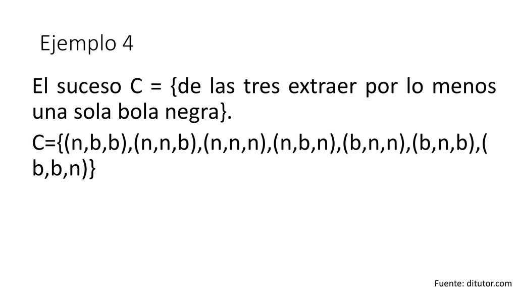 Ejemplo 4 El suceso C = {de las tres extraer por lo menos una sola bola negra}. C={(n,b,b),(n,n,b),(n,n,n),(n,b,n),(b,n,n),(b,n,b),( b,b,n)}