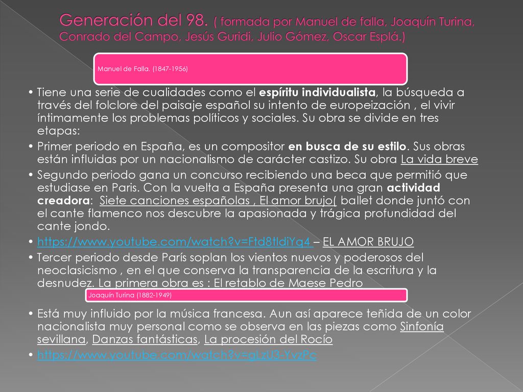 Generación del 98. ( formada por Manuel de falla, Joaquín Turina, Conrado del Campo, Jesús Guridi, Julio Gómez, Oscar Esplá.)