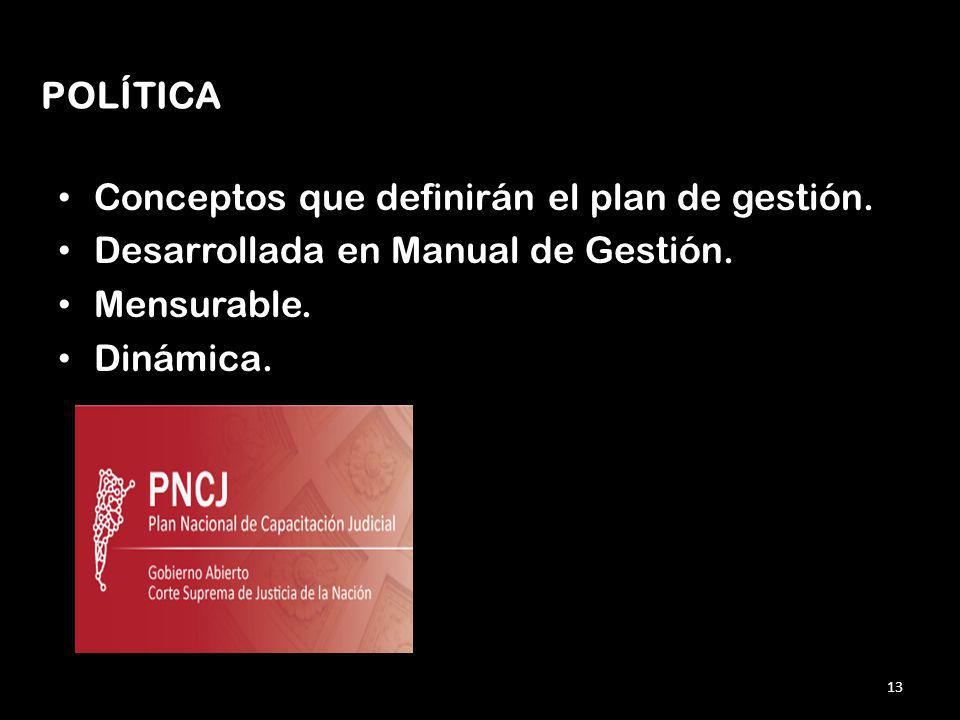 POLÍTICA Conceptos que definirán el plan de gestión. Desarrollada en Manual de Gestión. Mensurable.