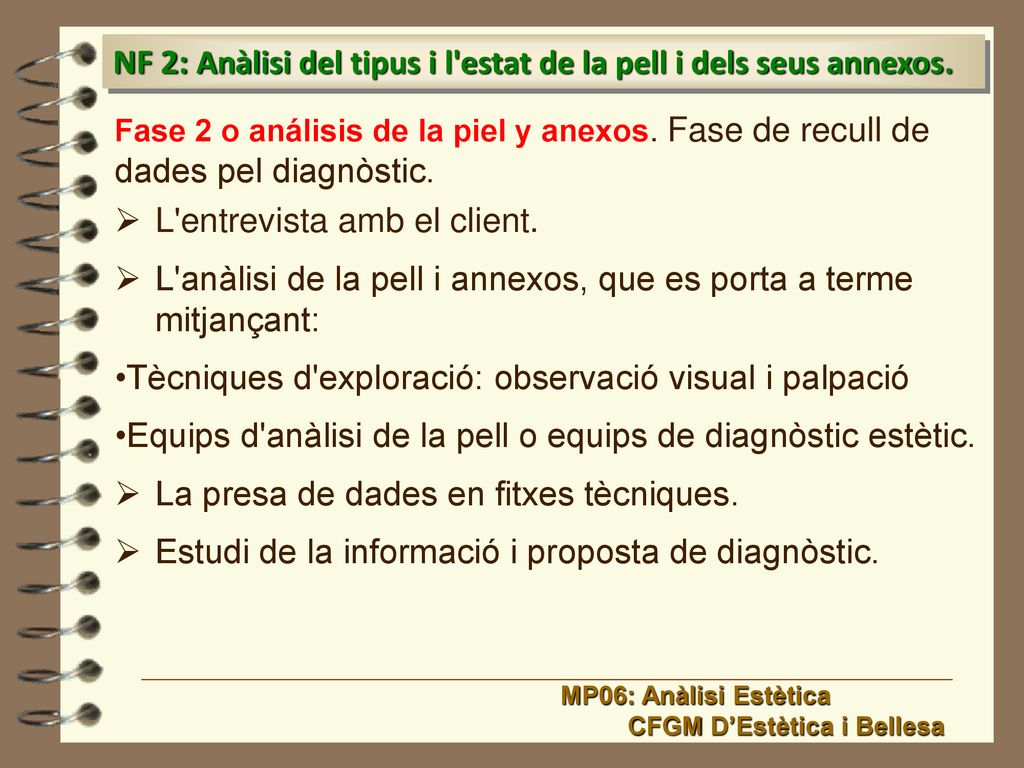 NF 2: Anàlisi del tipus i l estat de la pell i dels seus annexos.