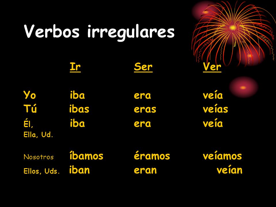 Verbos irregulares Ir Ser Ver Yo iba era veía Tú ibas eras veías