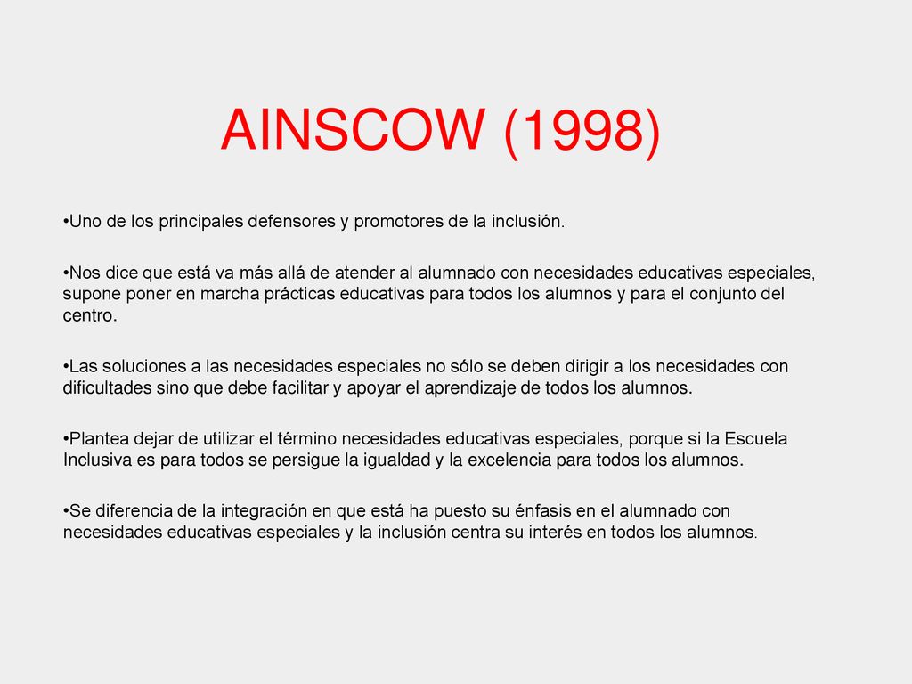 AINSCOW (1998) Uno de los principales defensores y promotores de la inclusión.