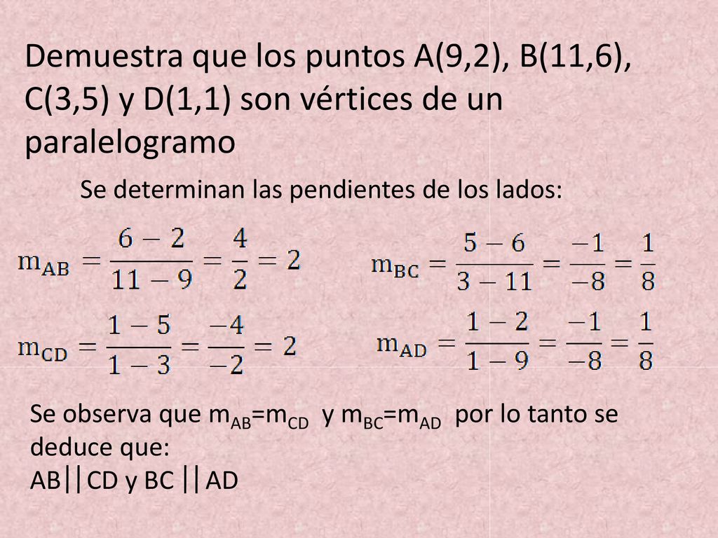 Demuestra que los puntos A(9,2), B(11,6), C(3,5) y D(1,1) son vértices de un paralelogramo