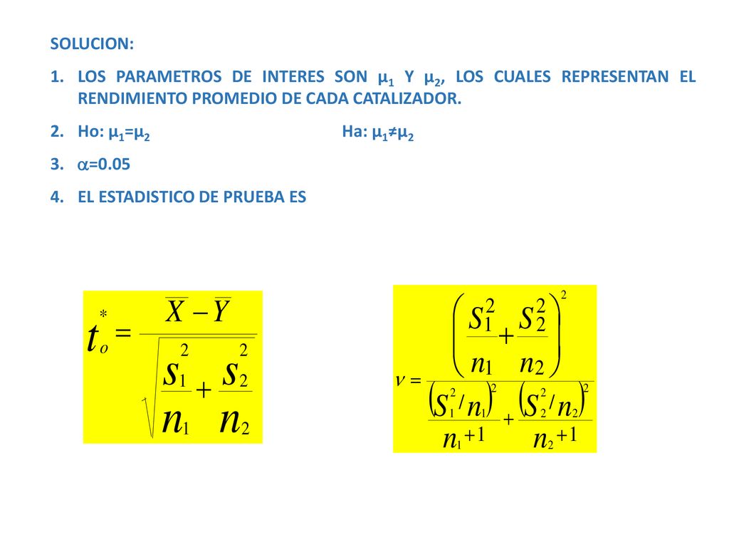 SOLUCION: LOS PARAMETROS DE INTERES SON µ1 Y µ2, LOS CUALES REPRESENTAN EL RENDIMIENTO PROMEDIO DE CADA CATALIZADOR.