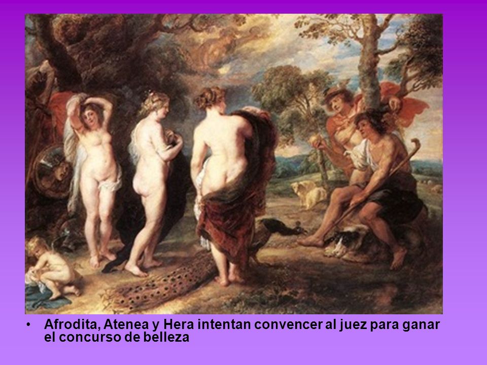 Afrodita, Atenea y Hera intentan convencer al juez para ganar el concurso de belleza