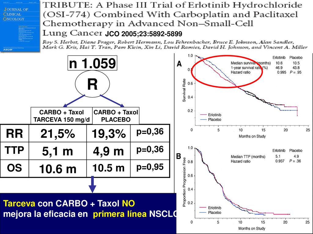 JCO 2005;23: n R. CARBO + Taxol. TARCEVA 150 mg/d. CARBO + Taxol. PLACEBO. RR.