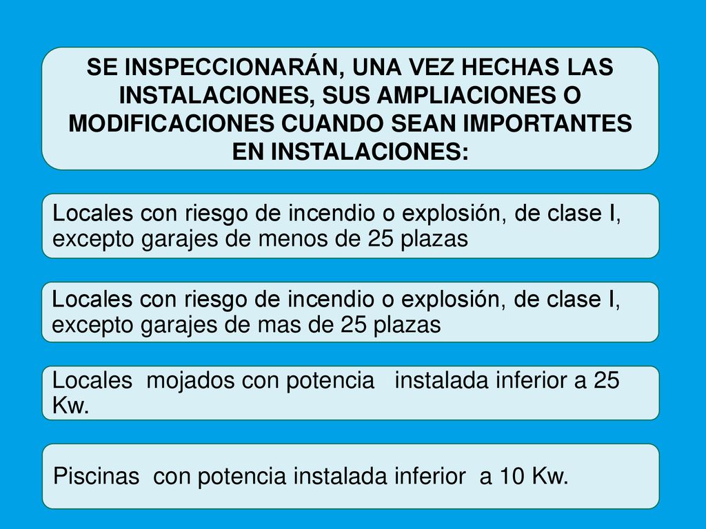 SE INSPECCIONARÁN, UNA VEZ HECHAS LAS INSTALACIONES, SUS AMPLIACIONES O MODIFICACIONES CUANDO SEAN IMPORTANTES EN INSTALACIONES: