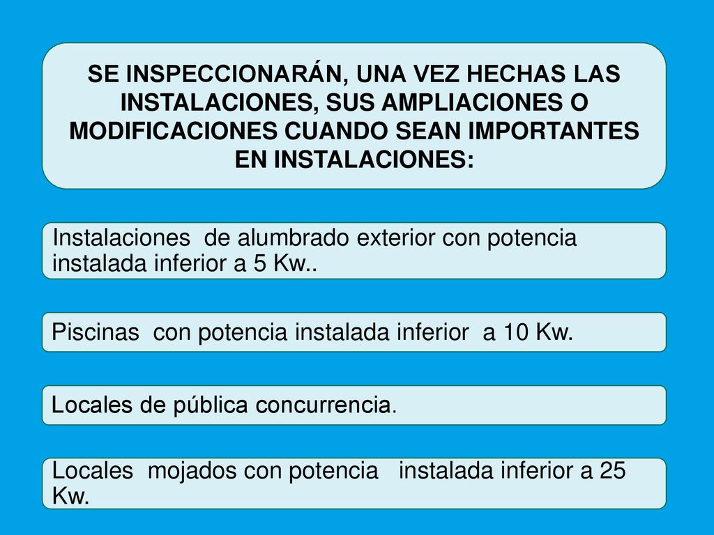 SE INSPECCIONARÁN, UNA VEZ HECHAS LAS INSTALACIONES, SUS AMPLIACIONES O MODIFICACIONES CUANDO SEAN IMPORTANTES EN INSTALACIONES: