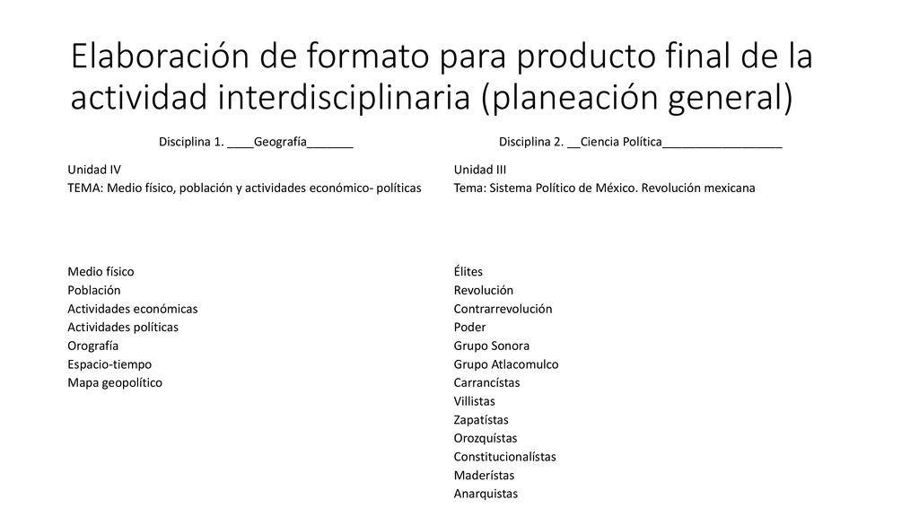 Elaboración de formato para producto final de la actividad interdisciplinaria (planeación general)