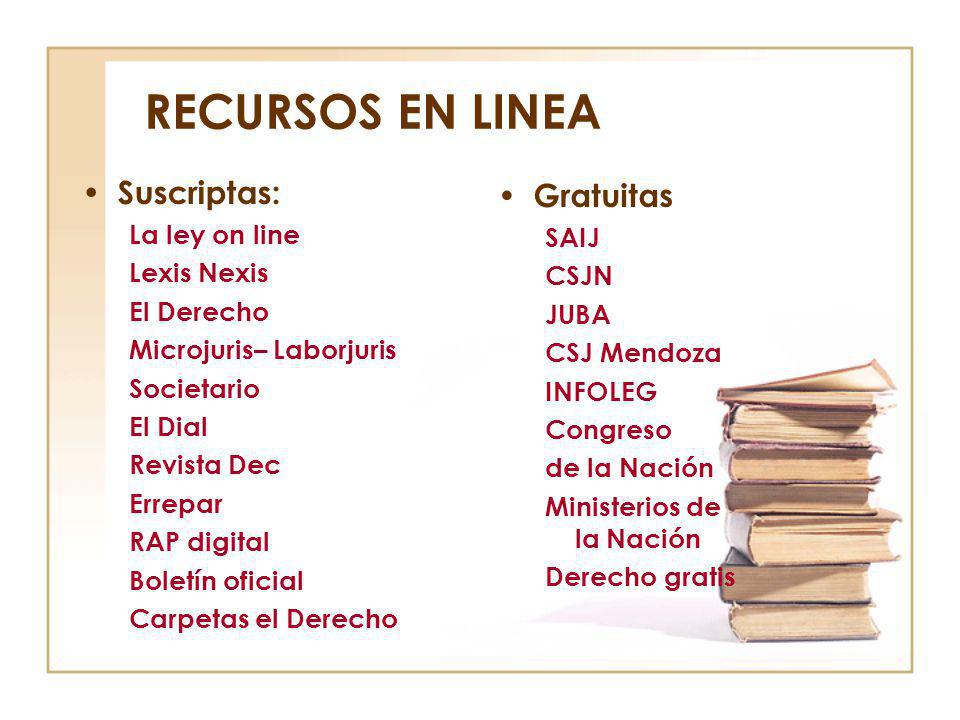 RECURSOS EN LINEA Suscriptas: Gratuitas La ley on line SAIJ