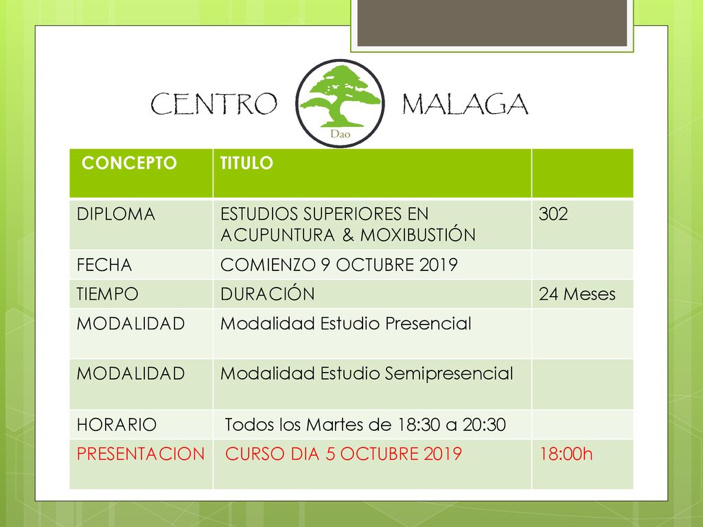 CONCEPTO TITULO. DIPLOMA. ESTUDIOS SUPERIORES EN ACUPUNTURA & MOXIBUSTIÓN FECHA. COMIENZO 9 OCTUBRE
