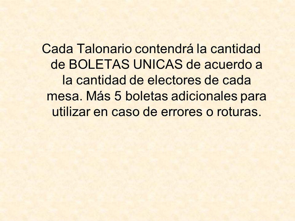 Cada Talonario contendrá la cantidad de BOLETAS UNICAS de acuerdo a la cantidad de electores de cada mesa.