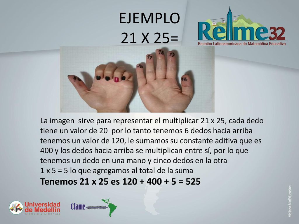 EJEMPLO 21 X 25= Tenemos 21 x 25 es = 525
