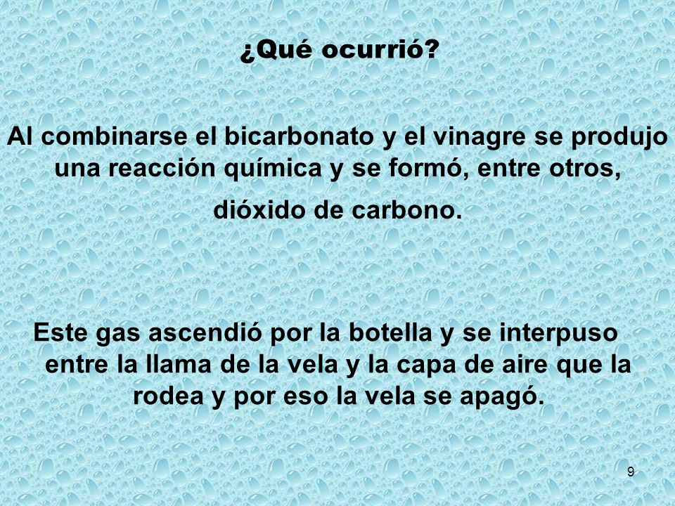 ¿Qué ocurrió Al combinarse el bicarbonato y el vinagre se produjo una reacción química y se formó, entre otros, dióxido de carbono.