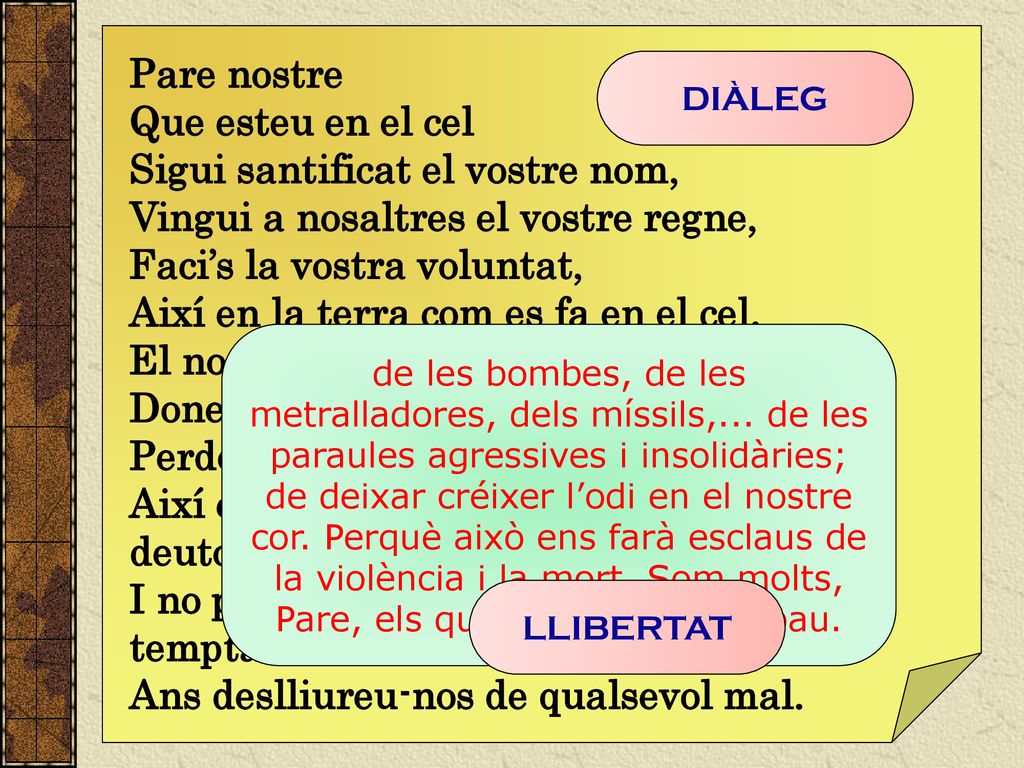 Sigui santificat el vostre nom, Vingui a nosaltres el vostre regne,