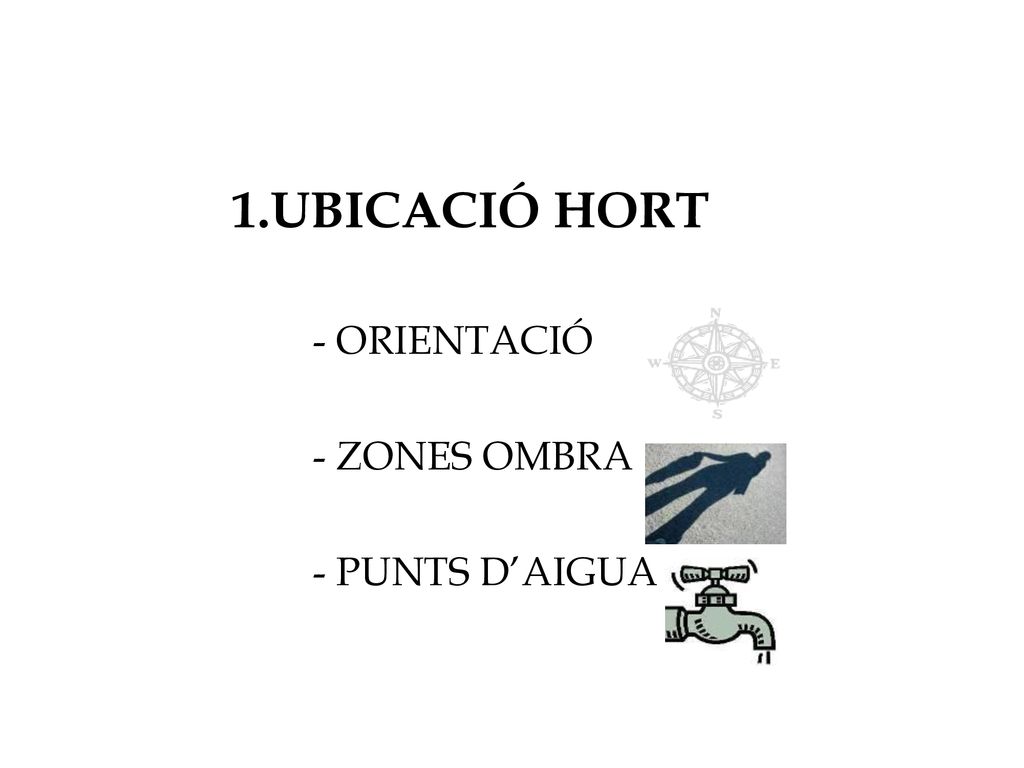 1.UBICACIÓ HORT - ORIENTACIÓ - ZONES OMBRA - PUNTS D’AIGUA