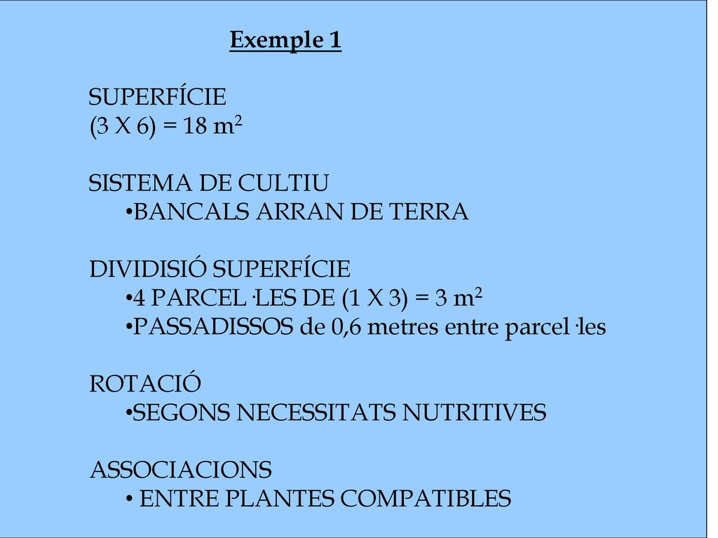 Exemple 1 SUPERFÍCIE. (3 X 6) = 18 m2. SISTEMA DE CULTIU. BANCALS ARRAN DE TERRA. DIVIDISIÓ SUPERFÍCIE.