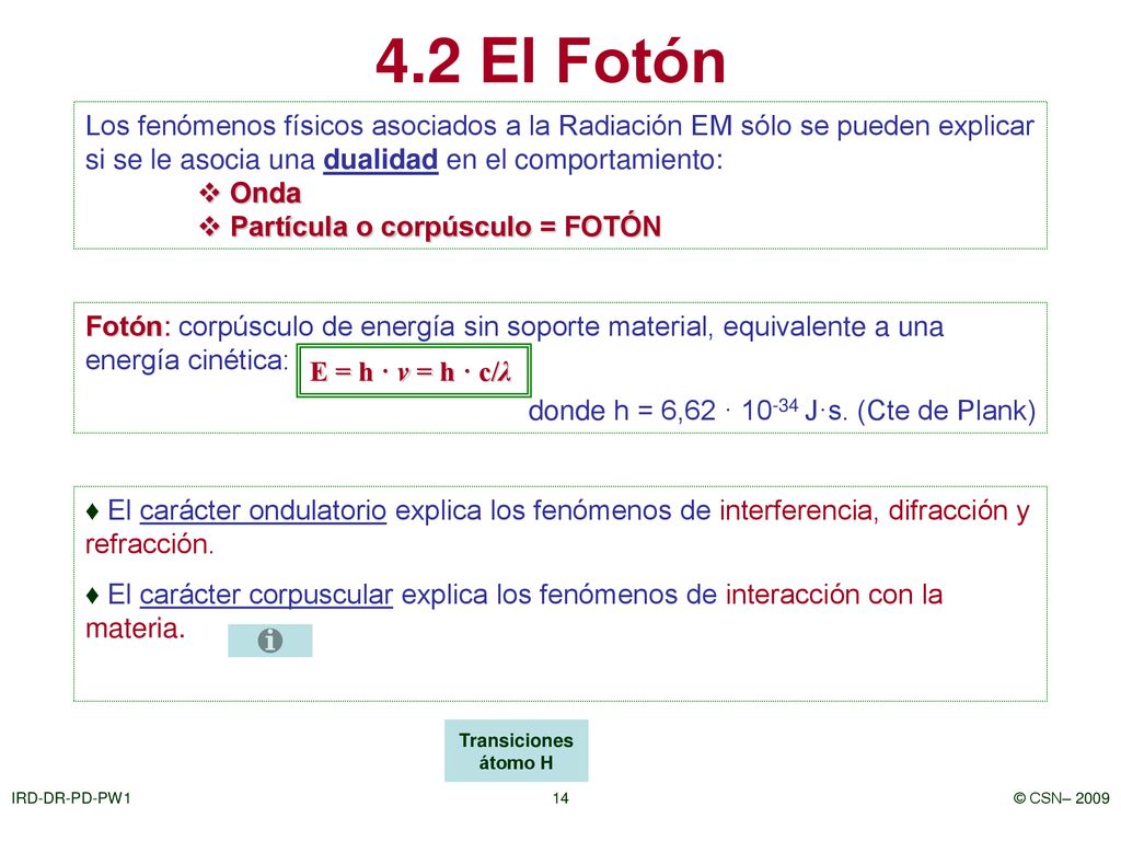 4.2 El Fotón Los fenómenos físicos asociados a la Radiación EM sólo se pueden explicar si se le asocia una dualidad en el comportamiento: