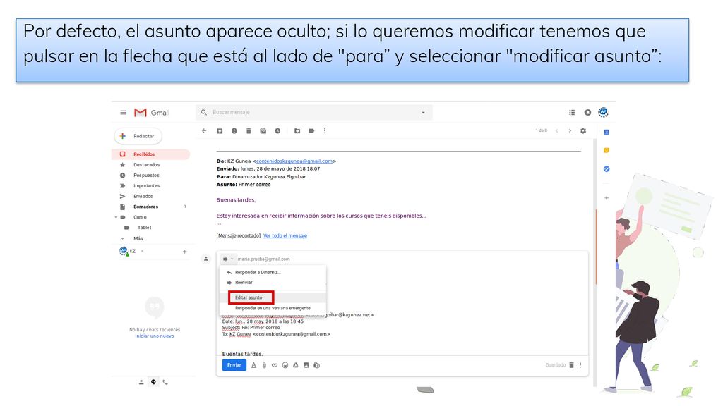 Por defecto, el asunto aparece oculto; si lo queremos modificar tenemos que pulsar en la flecha que está al lado de para y seleccionar modificar asunto :